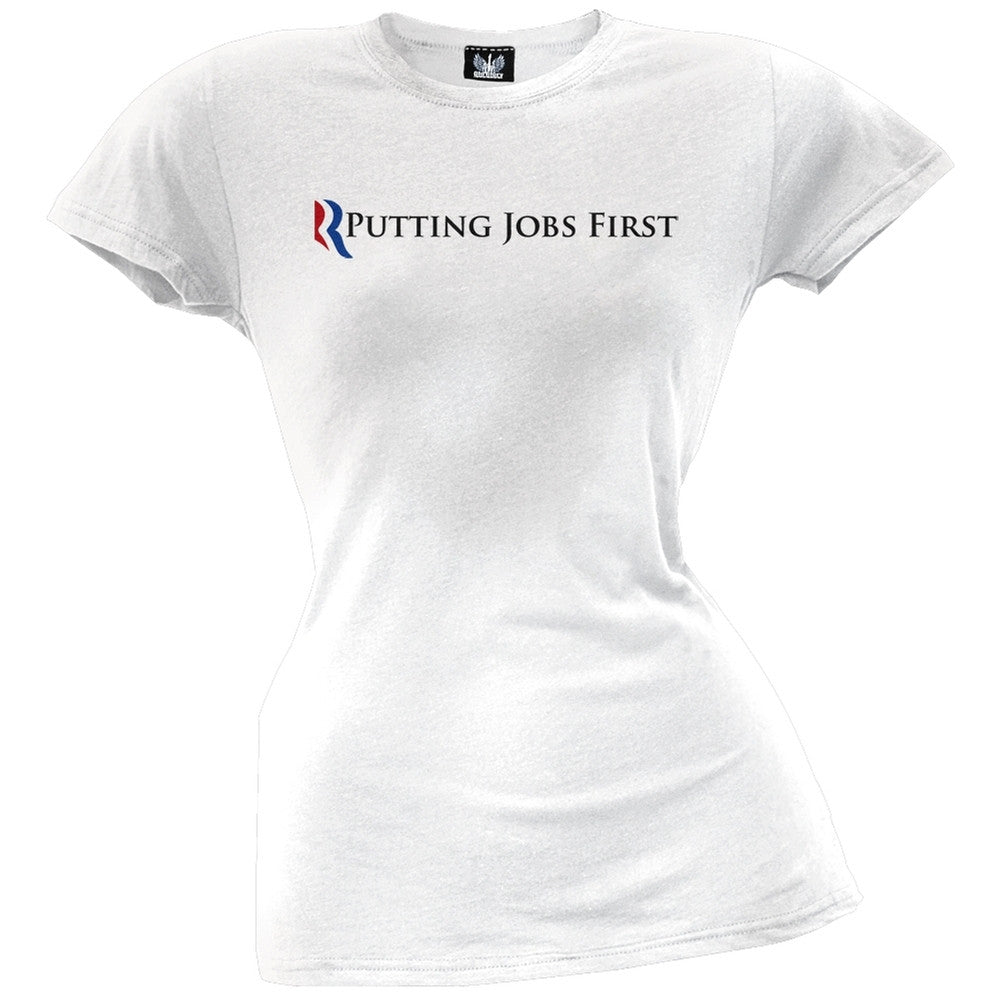 Mitt Romney - Putting Jobs First Grey Juniors T-Shirt Juniors T-Shirts Old Glory   