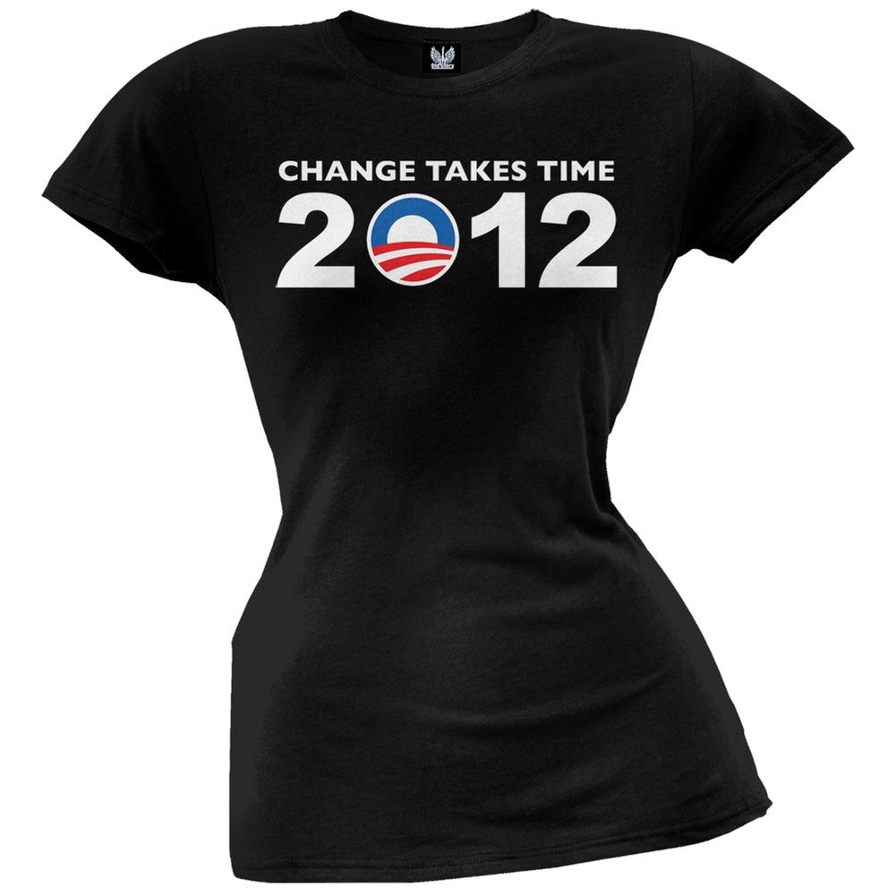 Obama - 2012 Change Takes Time Black Juniors T-Shirt Juniors T-Shirts Old Glory   