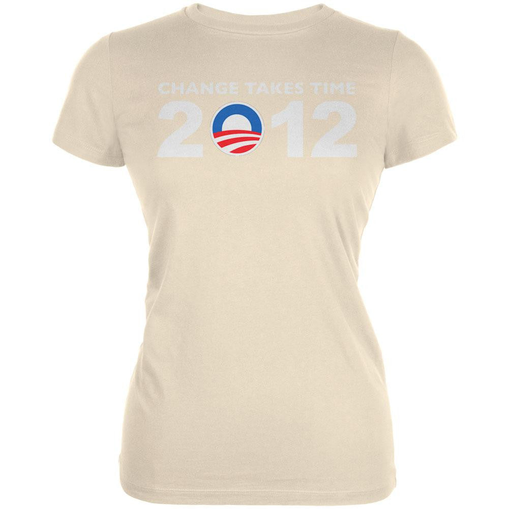 Obama - 2012 Change Takes Time Natural Juniors T-Shirt Juniors T-Shirts Old Glory LG Off-White 