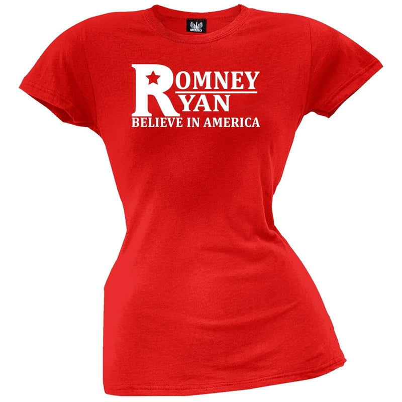 Romney And Ryan - Believe In America Black Juniors T-Shirt Juniors T-Shirts Old Glory   