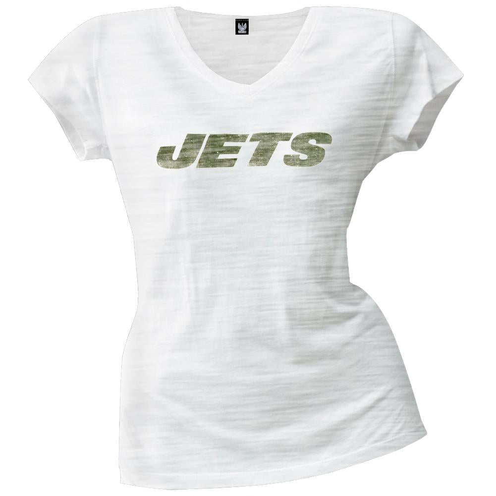 New York Jets - Scrum Logo Juniors Premium V-Neck T-Shirt Juniors T-Shirts New York Jets LG White 