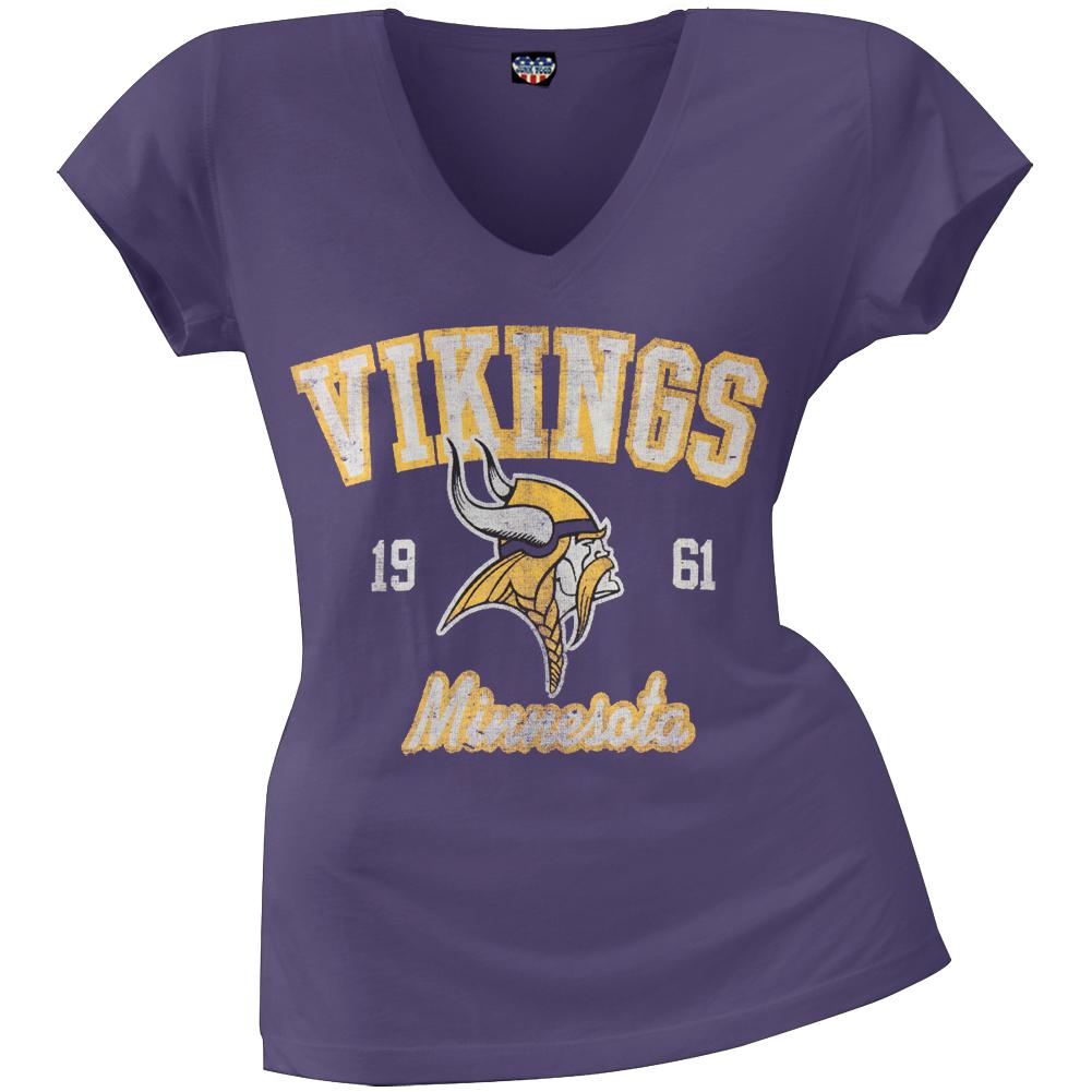 Minnesota Vikings - Flanker Logo Premium Juniors V-Neck T-Shirt Juniors T-Shirts Minnesota Vikings LG Purple 