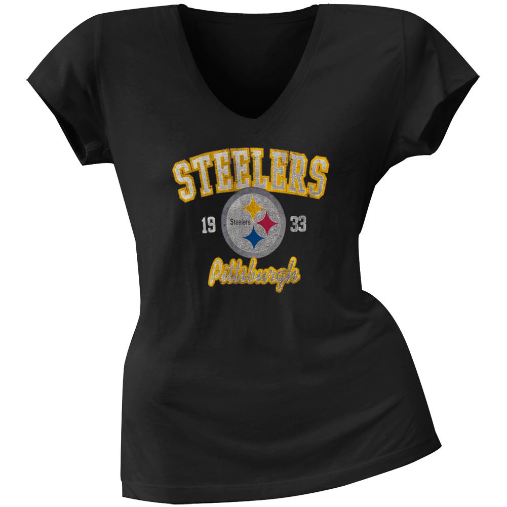 Pittsburgh Steelers - Flanker Logo Premium Juniors V-Neck T-Shirt Juniors T-Shirts Pittsburgh Steelers LG Black 