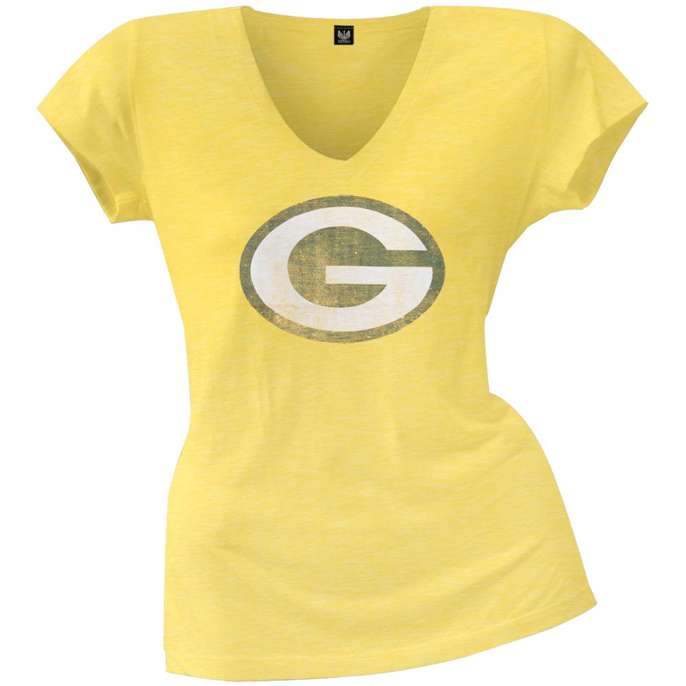 Green Bay Packers - Scrum Logo Premium Juniors V-Neck T-Shirt Juniors T-Shirts Green Bay Packers LG Yellow 