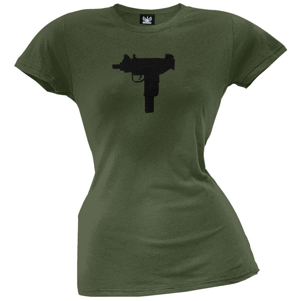 Pistols - Uzi Silhouette Military Green Juniors T-Shirt Juniors T-Shirts Old Glory   