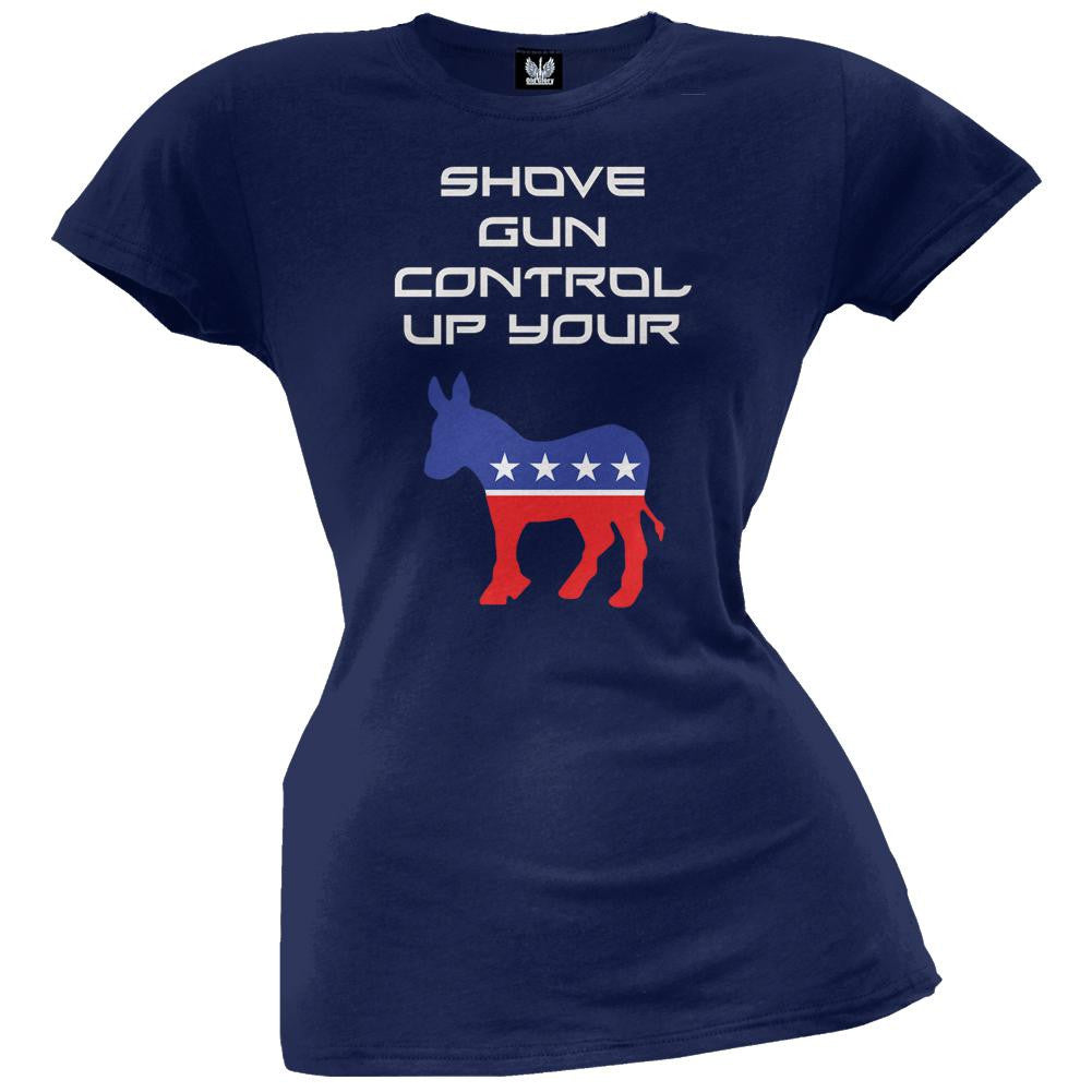 Shove Gun Control Up Your Heather Grey Juniors T-Shirt Juniors T-Shirts Old Glory   