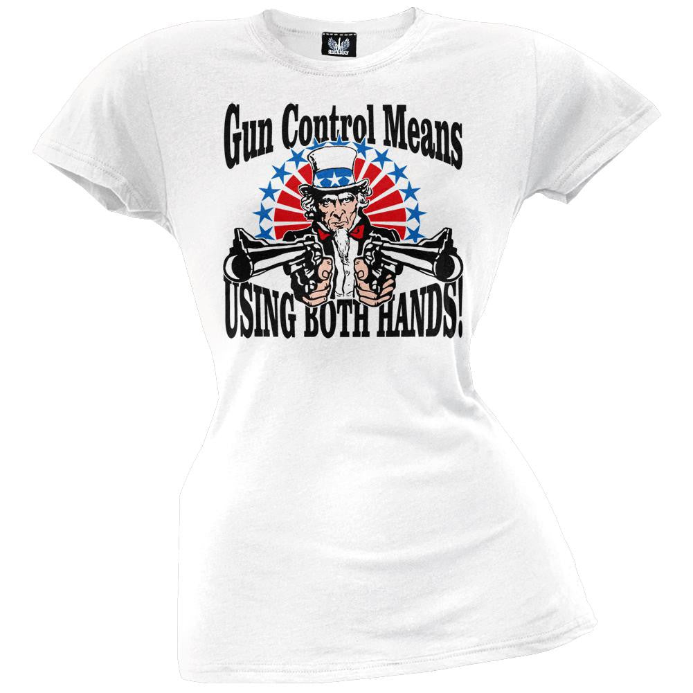 Uncle Sam Gun Control White Juniors T-Shirt Juniors T-Shirts Old Glory   