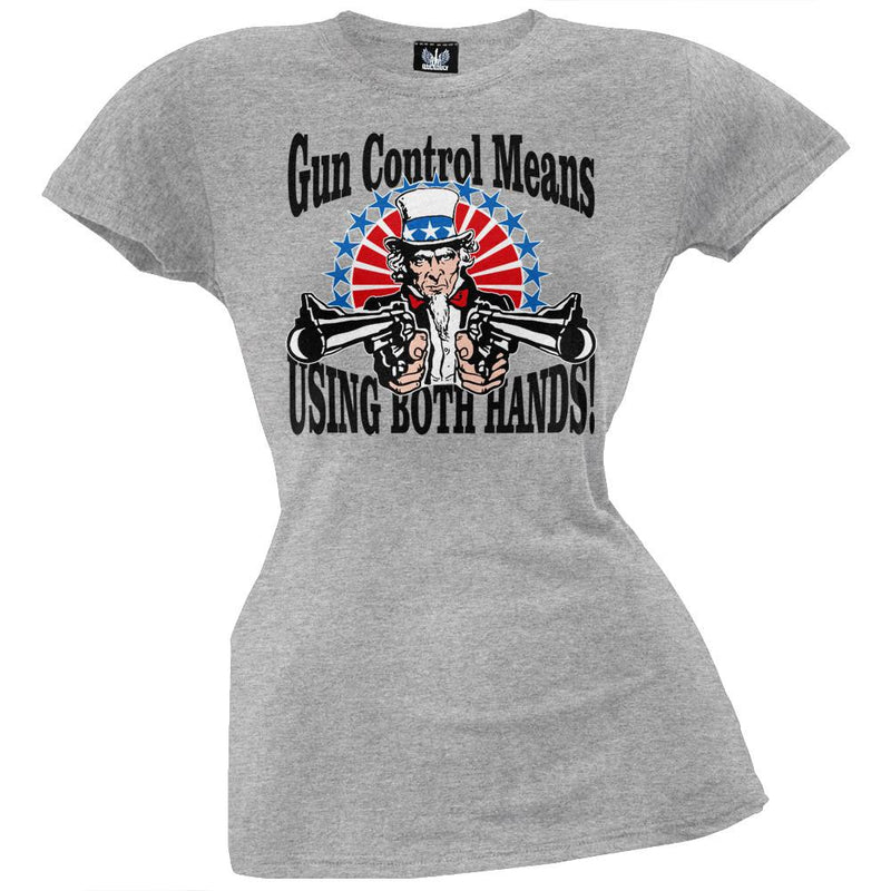 Uncle Sam Gun Control White Juniors T-Shirt Juniors T-Shirts Old Glory   