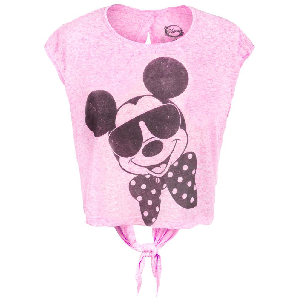 Mickey Mouse - Shades and Bowtie Juniors Open Tie-Back Half T-Shirt Juniors T-Shirts Mickey Mouse LG Pink