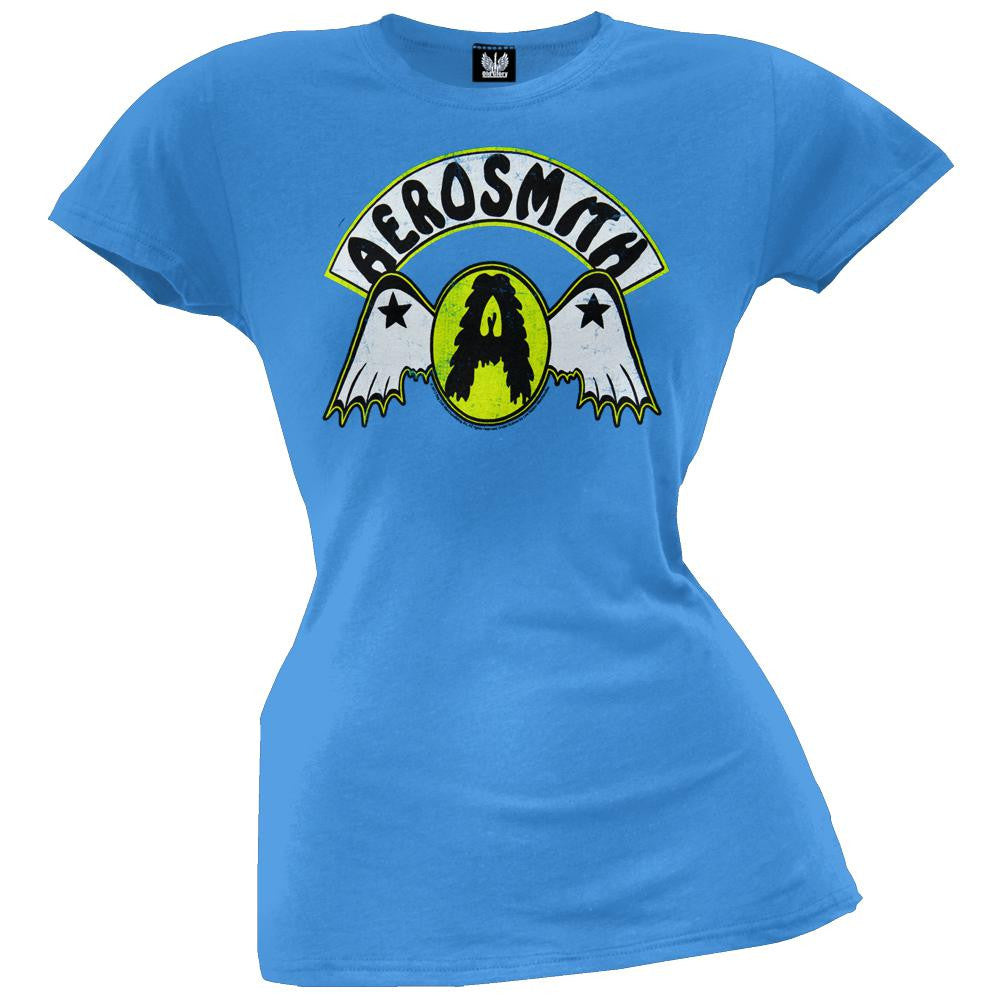 Aerosmith - Circle A With Wings Juniors T-Shirt Juniors T-Shirts Aerosmith SM Light Blue 