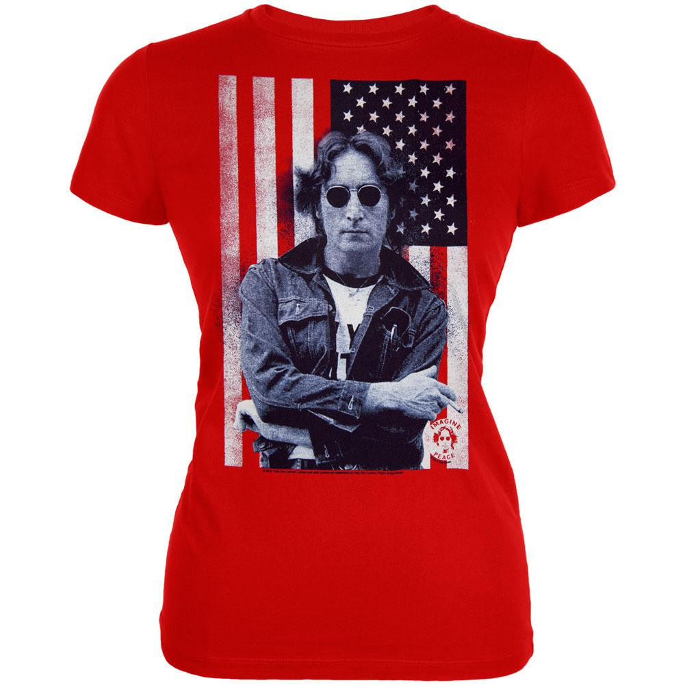 John Lennon - Flag Photo Juniors T-Shirt Juniors T-Shirts John Lennon LG Red 