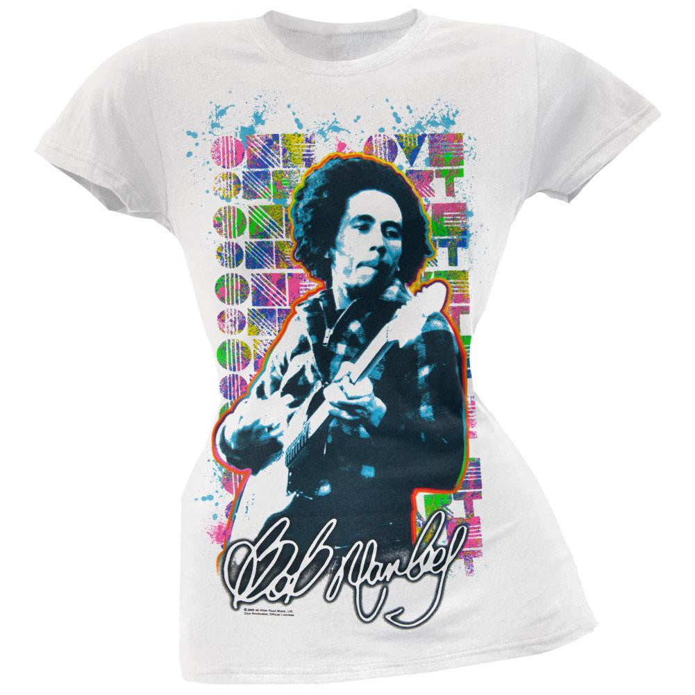 Bob Marley - One Love Repeat Guitar Juniors T-Shirt Juniors T-Shirts Bob Marley SM White