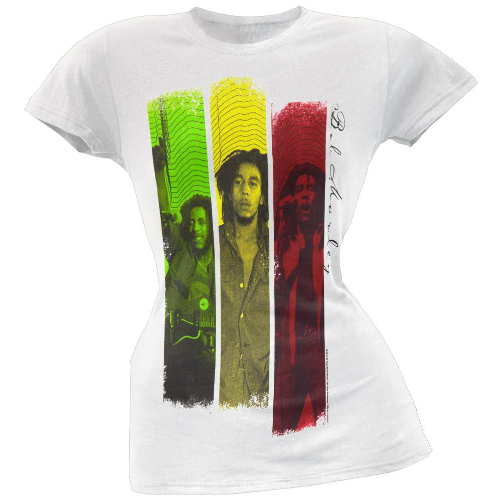 Bob Marley - Rasta Stripe Collage Juniors T-Shirt Juniors T-Shirts Bob Marley SM White