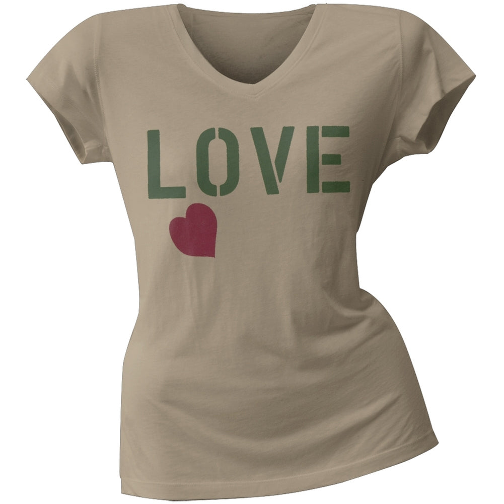 2 Love - Jessica Alba's Love Stencil Heart Junior's V-Neck T-Shirt Juniors T-Shirts 2 Love SM Beige 