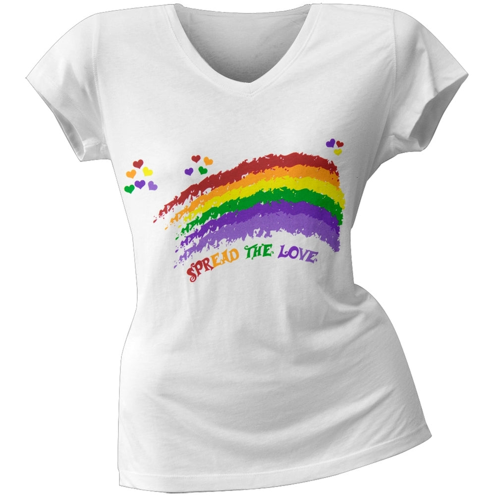 2 Love - Miley Cyrus' Spread the Love Rainbow Junior's V-Neck T-Shirt Juniors T-Shirts 2 Love SM White