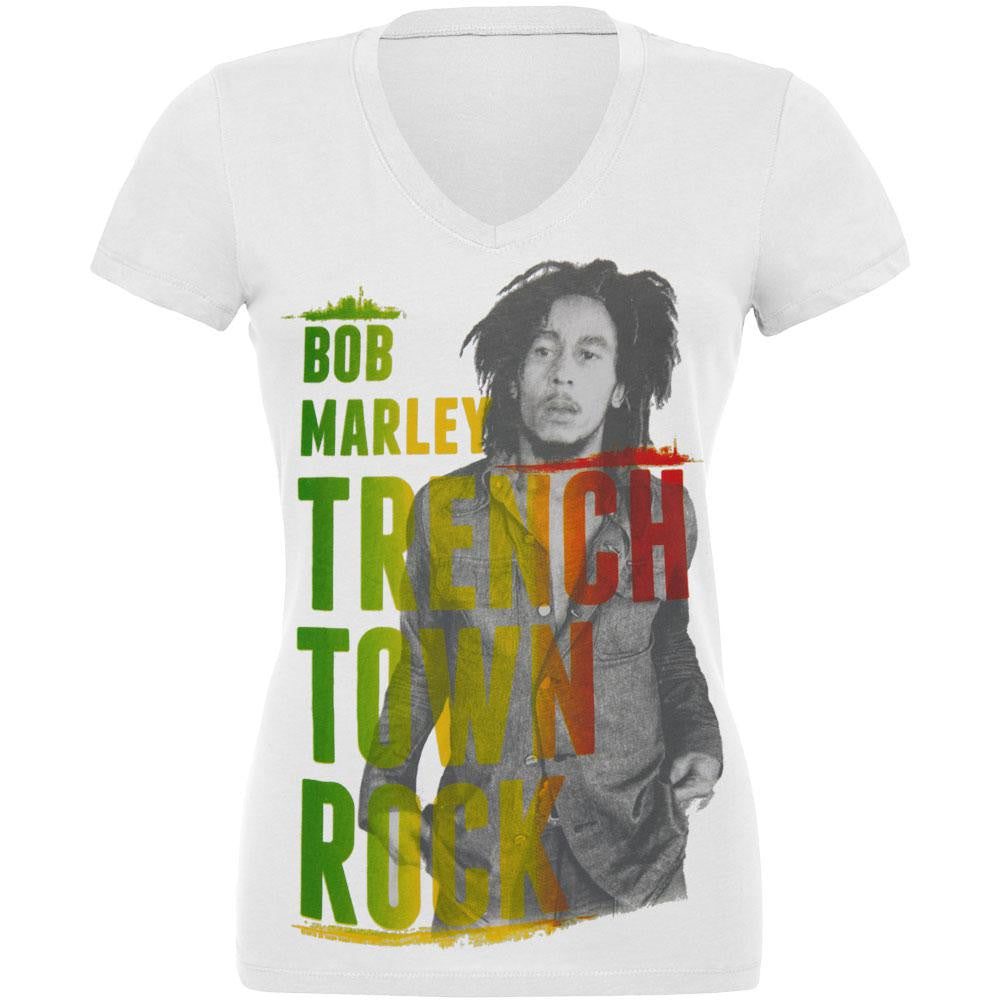 Bob Marley - Rasta Trenchtown Rock V-Neck Juniors T-Shirt Juniors T-Shirts Bob Marley SM White 