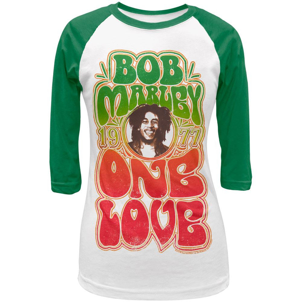 Bob Marley One Love 1977 Juniors Raglan T Shirt Juniors Raglans Bob Marley SM White 