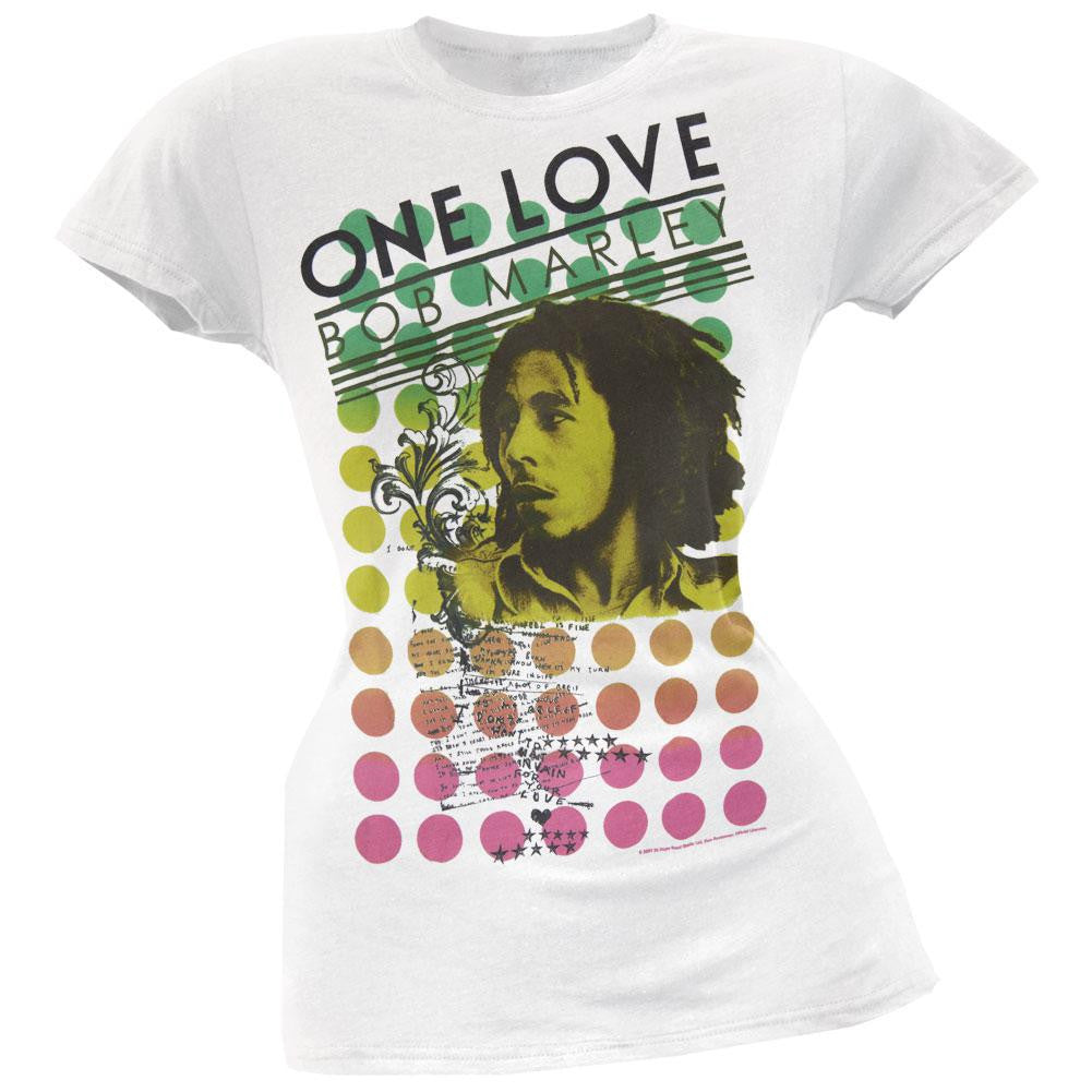 Bob Marley - One Love Lyrics White Juniors T-Shirt Juniors T-Shirts Bob Marley SM White