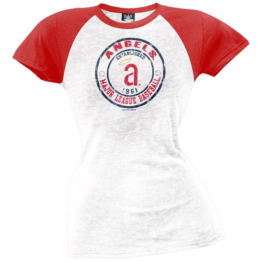 Anaheim Angels - Juniors Raglan Burnout T-Shirt Juniors T-Shirts Los Angeles Angels of Anaheim LG White 