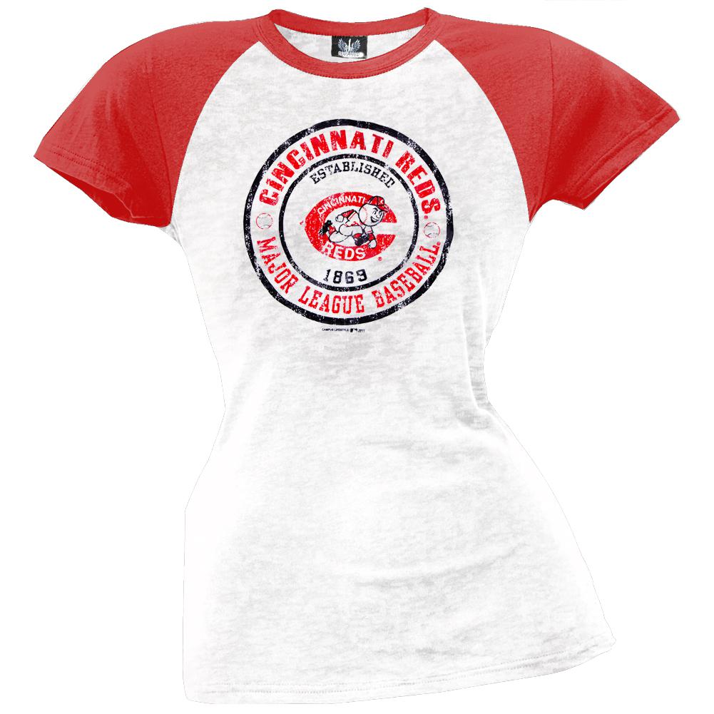 Cincinnati Reds - Juniors Raglan Burnout T-Shirt Juniors T-Shirts Cincinnati Reds LG White 