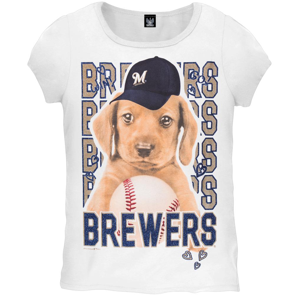 Milwaukee Brewers - Puppy Dog White Girls Youth T-Shirt Youth T-Shirts Milwaukee Brewers 18 White 