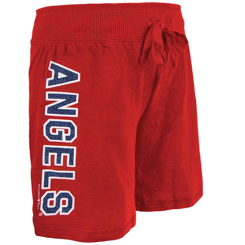 Los Angeles Angels - Glitter Logo Girls Youth Drawstring Shorts Youth Shorts Los Angeles Angels of Anaheim 10 Red 