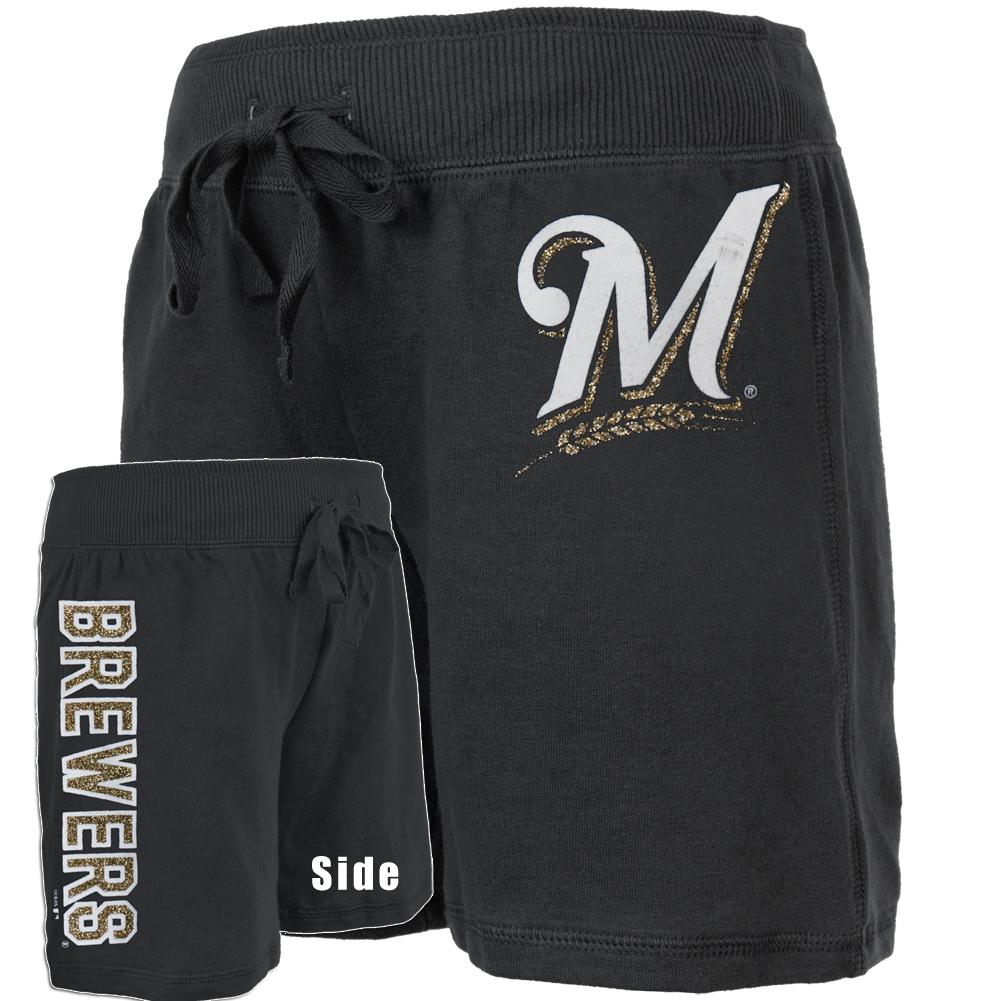 Milwaukee Brewers - Glitter Logo Girls Juvy Drawstring Shorts Juvenile Shorts Milwaukee Brewers J8 Blue 