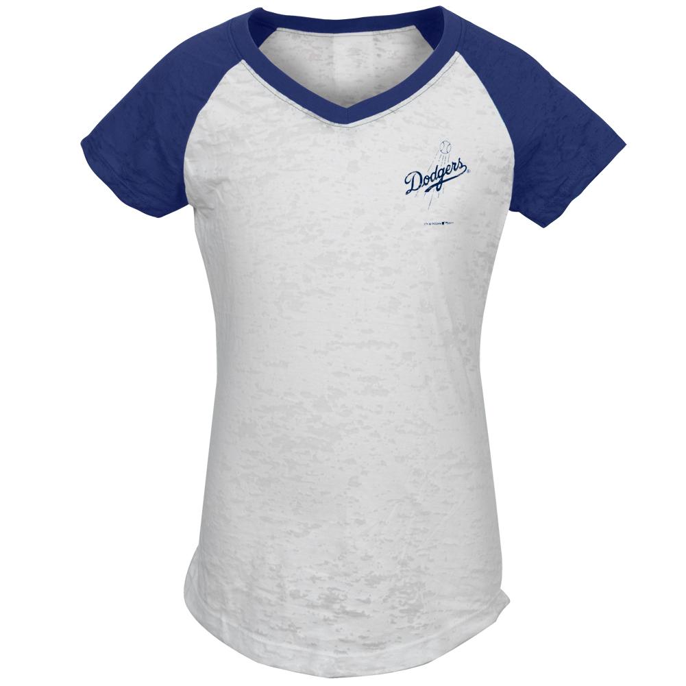 Los Angeles Dodgers - #1 Girls Juvy Burnout V-Neck Raglan Juvenile T-Shirts Los Angeles Dodgers J6 White 