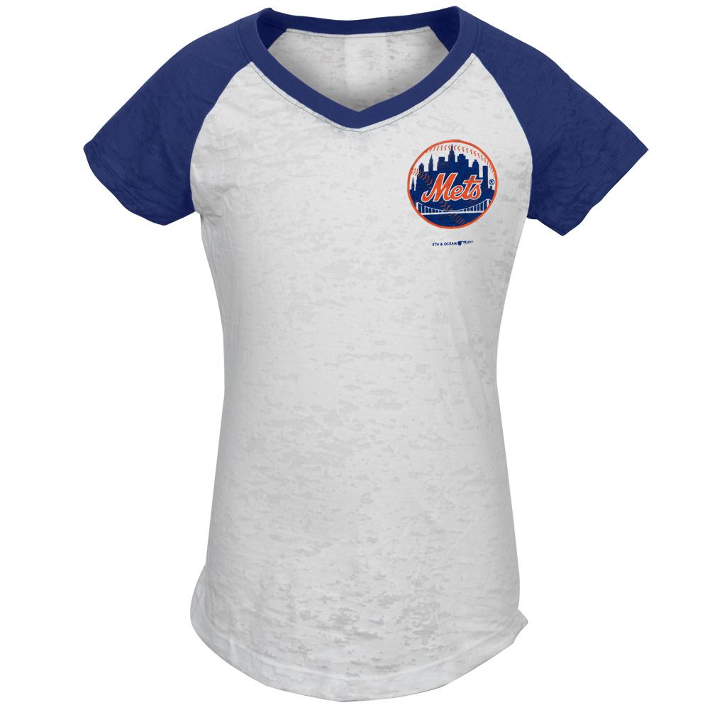 New York Mets - #1 Girls Juvy Burnout V-neck Raglan Juvenile T-Shirts New York Mets J6 White 