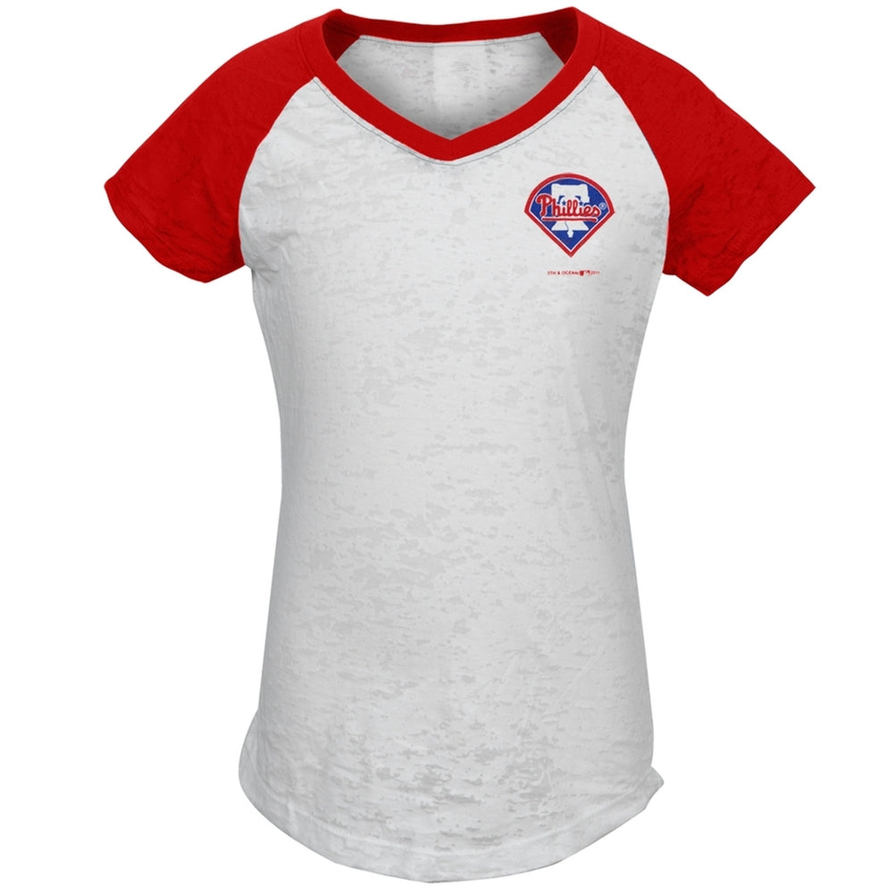 Philadelphia Phillies - #1 Girls Juvy Burnout V-Neck Raglan Juvenile T-Shirts Philadelphia Phillies J7 White 