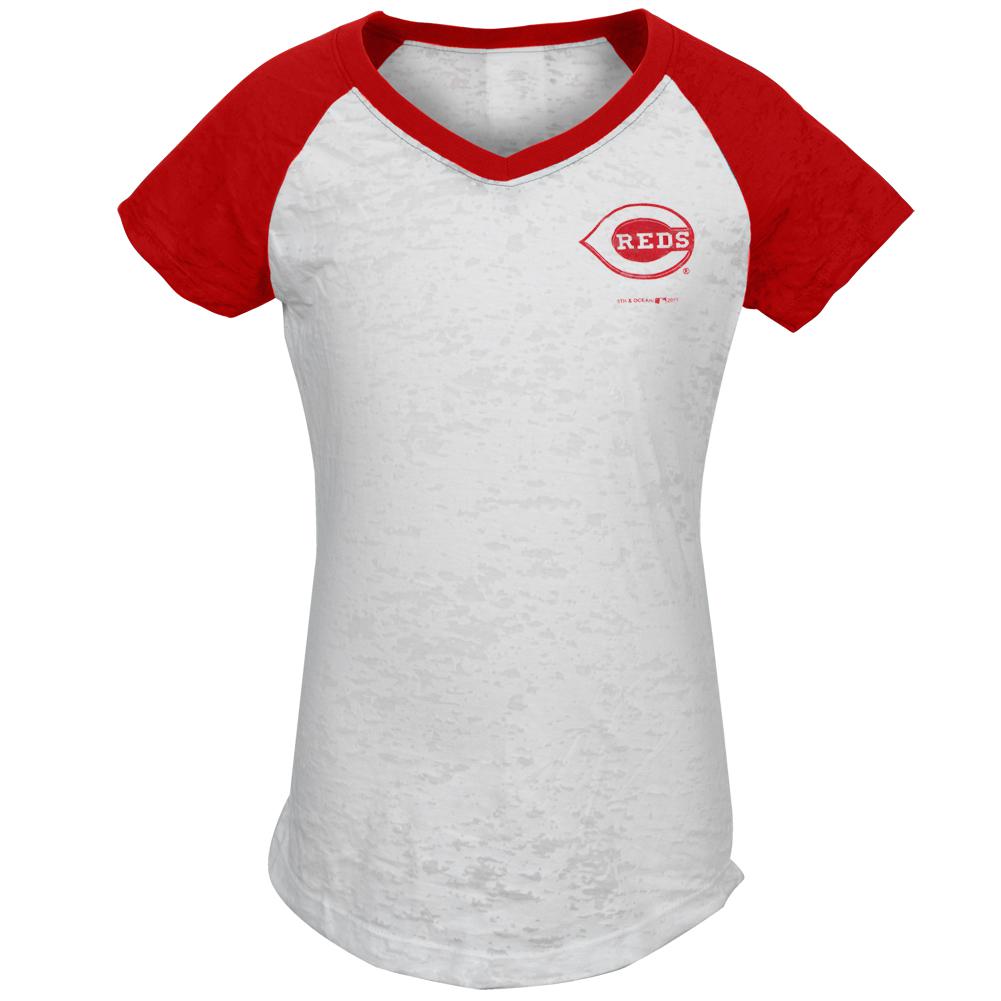 Cincinnatti Reds - #1 Girls Juvy Burnout V-Neck Raglan Juvenile T-Shirts Cincinnati Reds J7 White