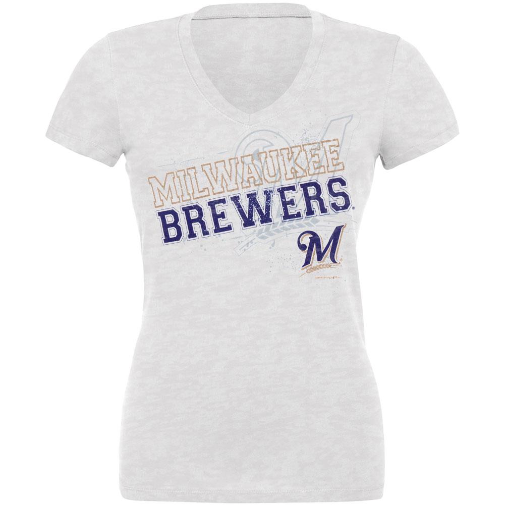 Milwaukee Brewers - Splatter Juniors Burnout V-Neck T-Shirt Juniors T-Shirts Milwaukee Brewers LG White 