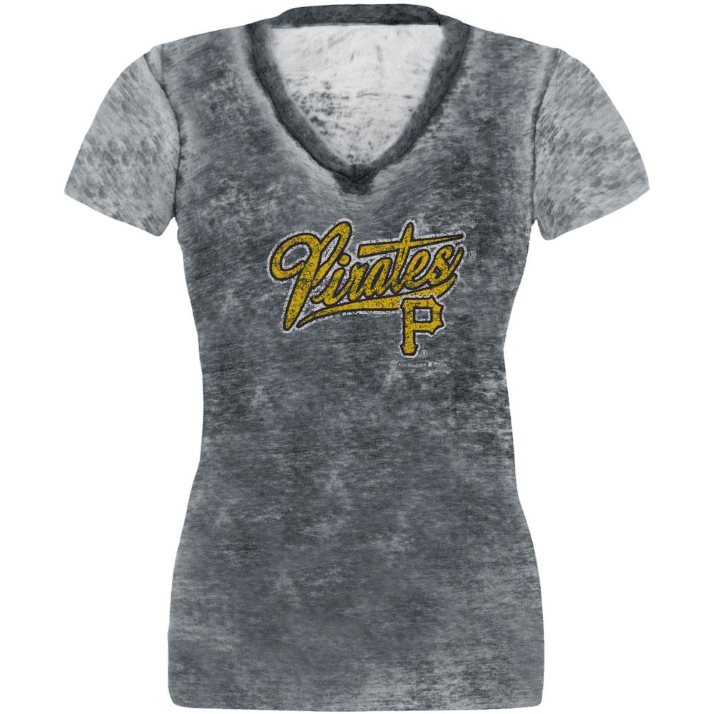 Pittsburgh Pirates - Distressed Logo Juniors Burnout T-Shirt Juniors T-Shirts Pittsburgh Pirates LG Black 