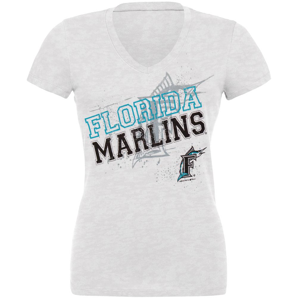 Florida Marlins - Splatter Juniors Burnout V-Neck T-Shirt Juniors T-Shirts Florida Marlins LG White 