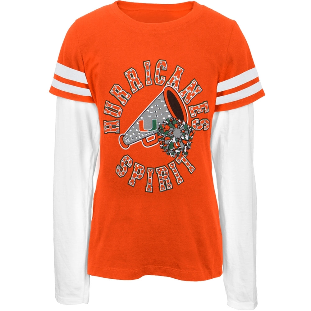 Miami Hurricanes - Rhinestone Spirit Girls Youth 2fer T-Shirt Youth T-Shirts Miami Hurricanes 12 Orange 