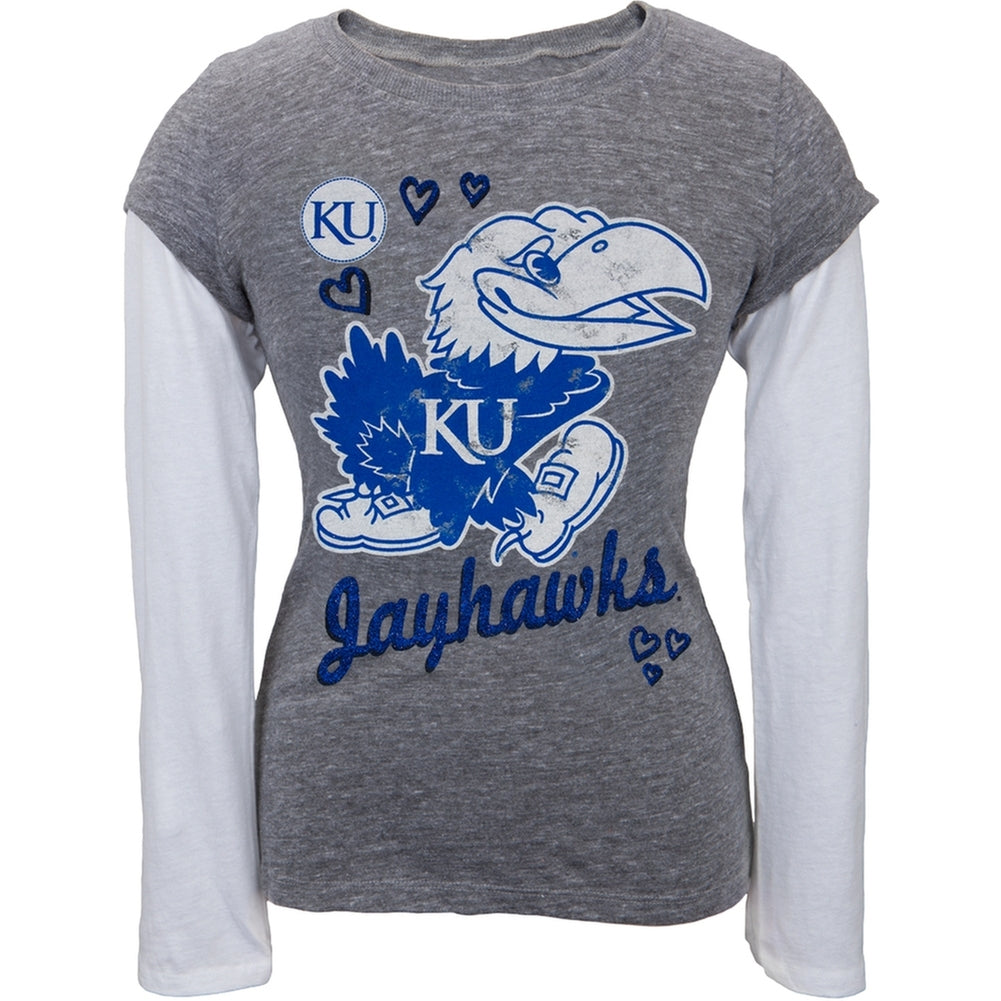 Kansas Jayhawks - Glitter Hearts Girls Youth 2fer Long Sleeve T-Shirt Juvenile Long Sleeves Kansas Jayhawks 18 Grey 