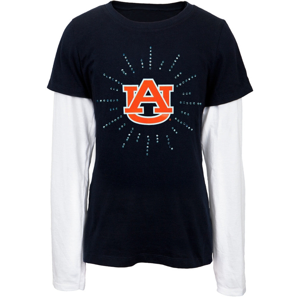 Auburn Tigers - Rhinestone Ray Logo Girls Juvy 2fer Long Sleeve T-Shirt Juvenile Long Sleeves Auburn Tigers   