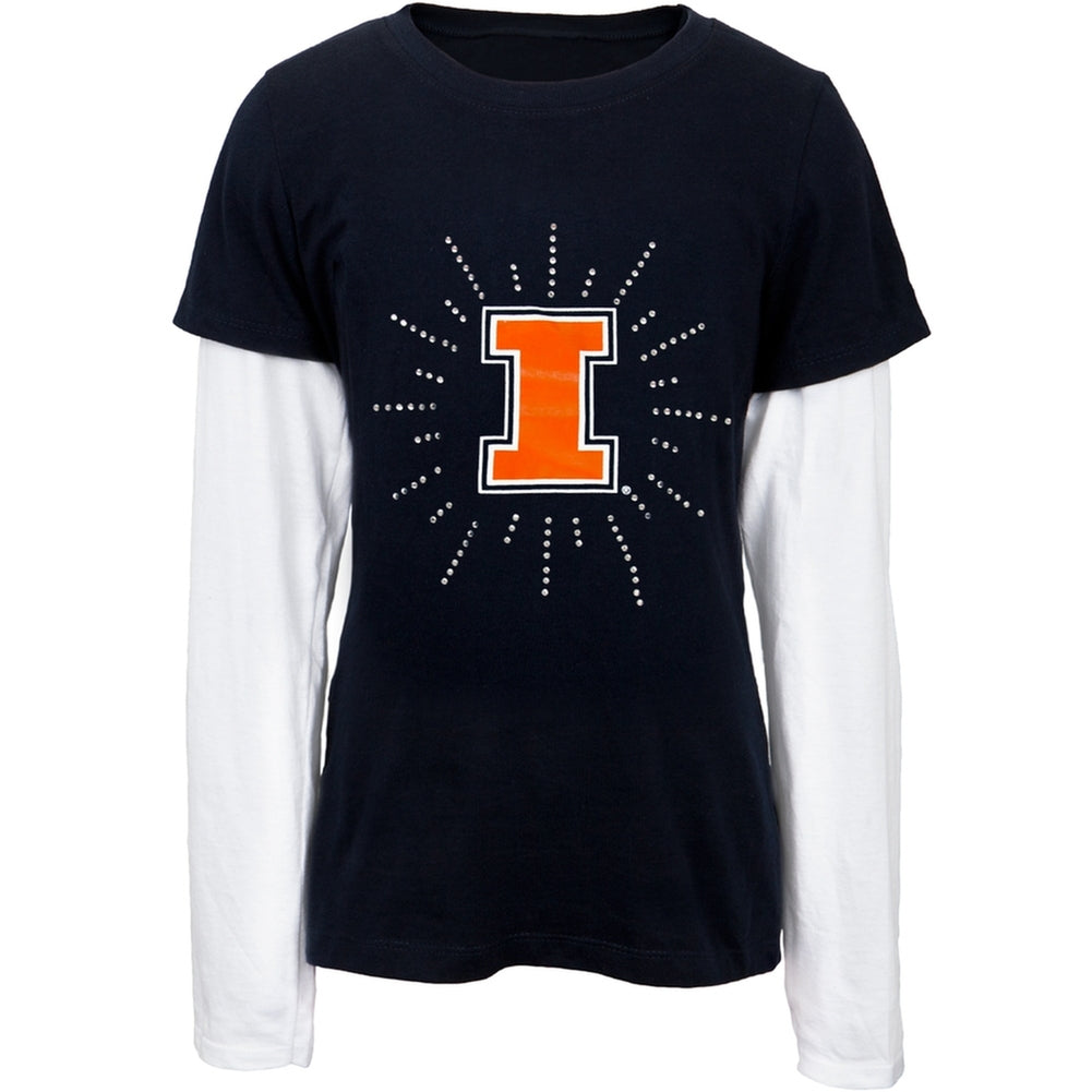 Illinois Fighting Illini - Rhinestone Ray Girls Youth 2fer Long Sleeve T-Shirt Youth Long Sleeves Illinois Fighting Illini 12 Blue 