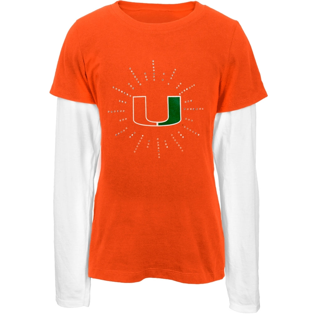 Miami Hurricanes - Rhinestone Ray Girls Juvy 2fer Long Sleeve T-Shirt Juvenile Long Sleeves Miami Hurricanes J7 Orange 