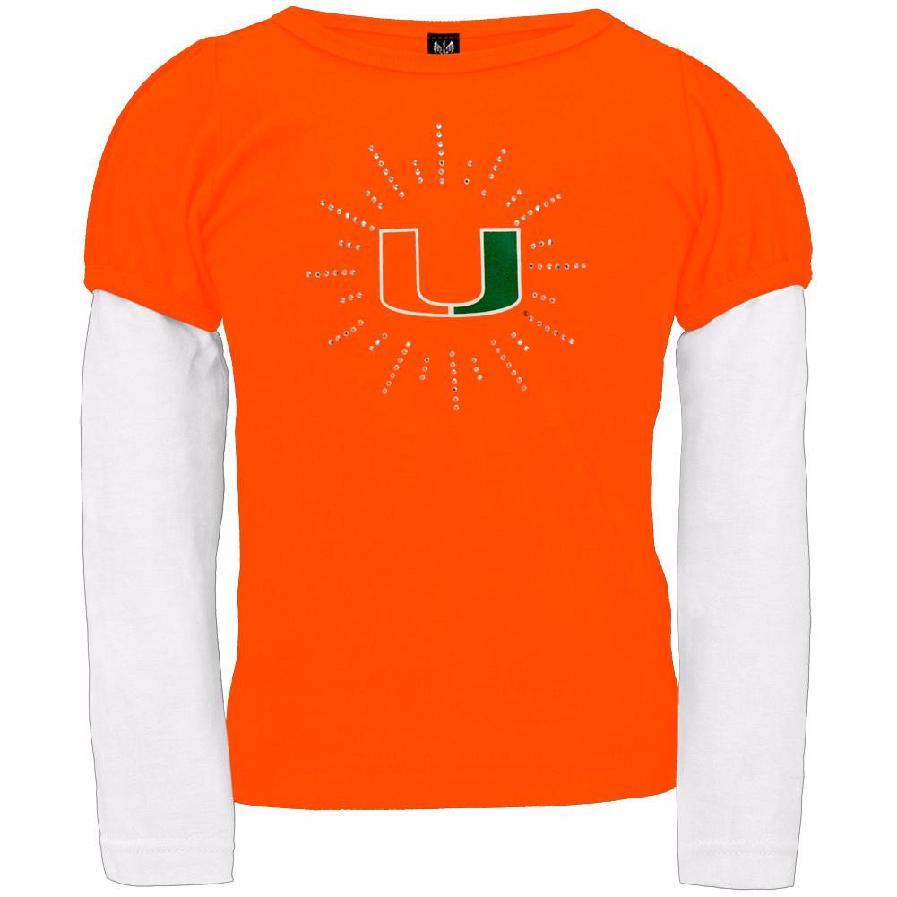 Miami Hurricanes - Rhinestone Ray Logo Girls Youth 2fer Long Sleeve T-Shirt Youth Long Sleeves Miami Hurricanes 18 Orange 