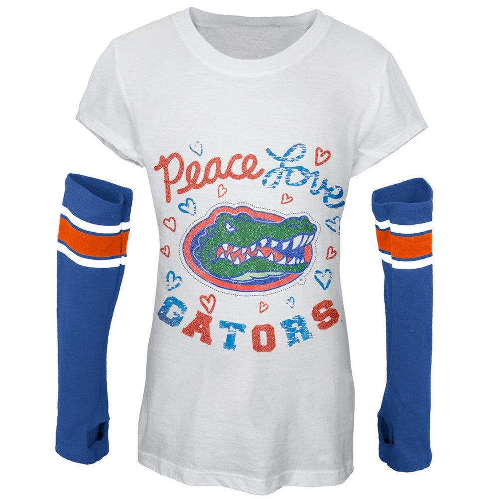 Florida Gators - Peace Glitter Logo Girls Youth T-Shirt w/Detached Sleeves Youth T-Shirts Florida Gators 18 White 