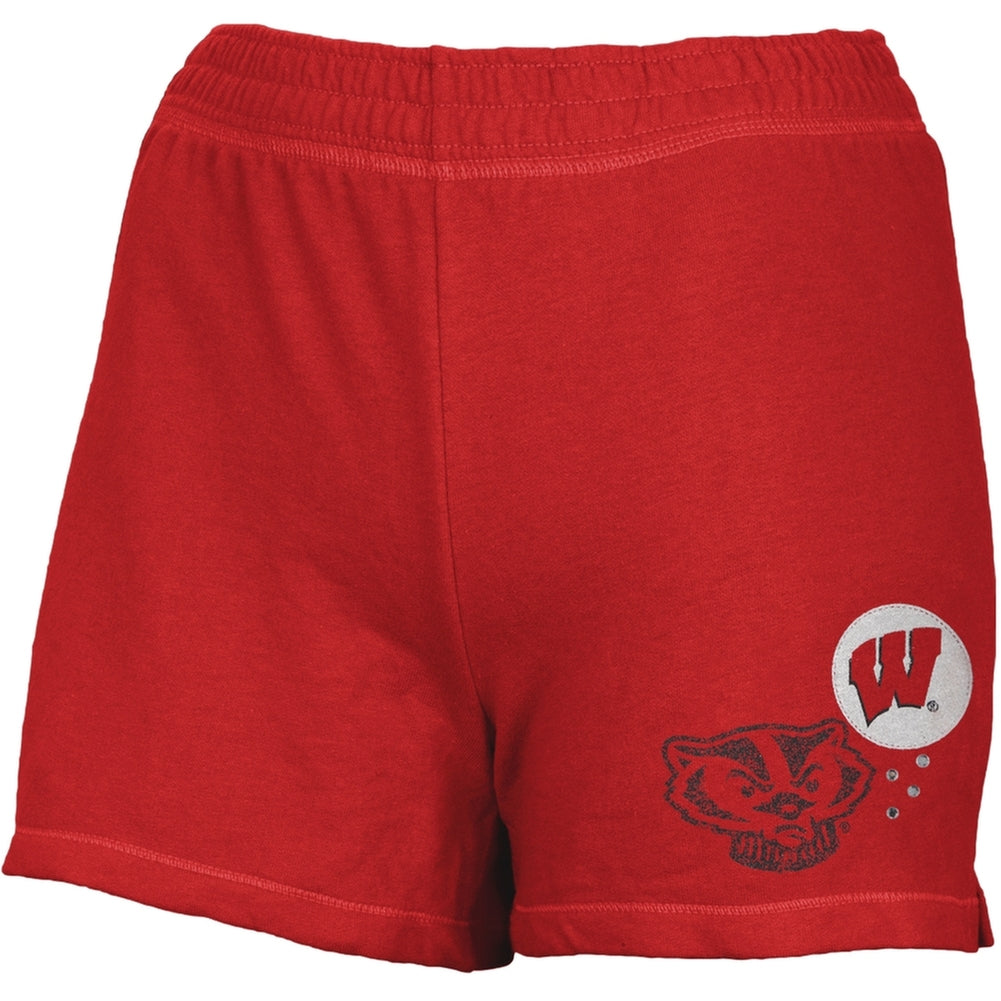 Wisconsin Badgers - Glitter Logo Rhinestone Girls Juvy Athletic Shorts Juvenile Shorts Wisconsin Badgers J6 Red 