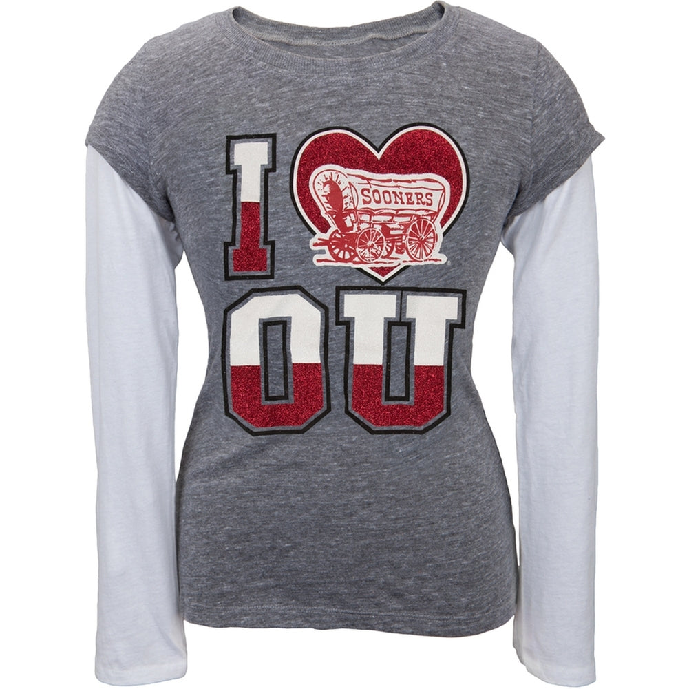 Oklahoma Sooners - Glitter Heart Logo Girls Juvy Soft 2fer Long Sleeve T-Shirt Juvenile Long Sleeves Oklahoma Sooners J6 Grey 