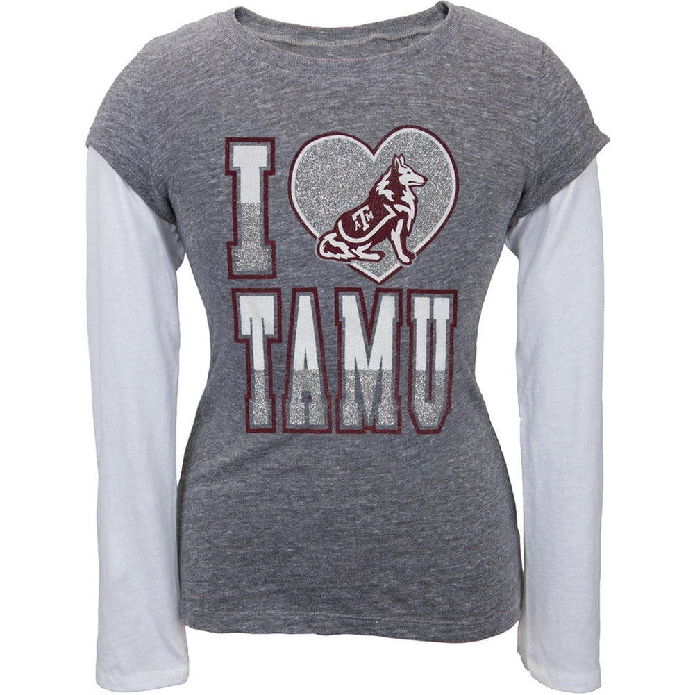 Texas A Aggies - Glitter Heart Girls Youth 2fer Long Sleeve T-Shirt Youth Long Sleeves Texas A Aggies   