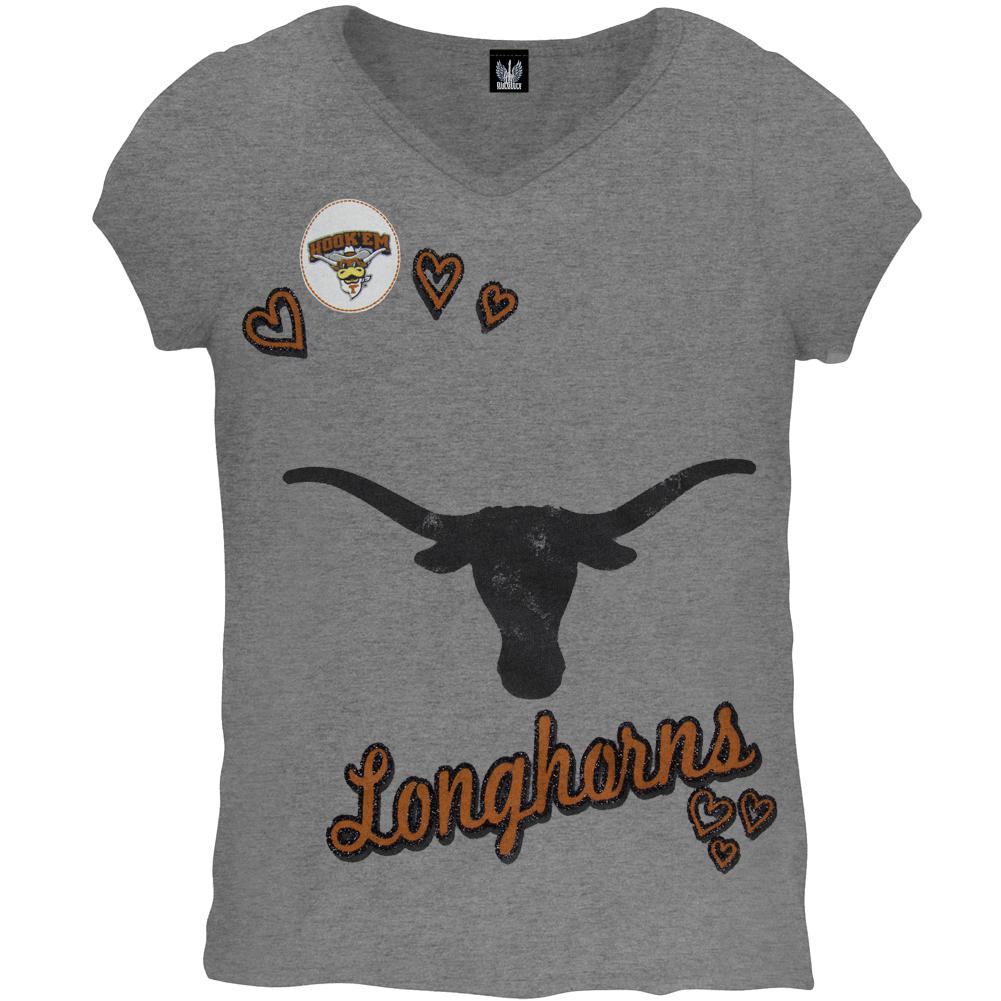 Texas Longhorns - Glitter Heart Girls Juvy Soft T-Shirt Juvenile T-Shirts Texas Longhorns J7 Grey