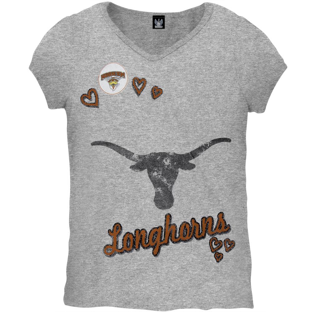 Texas Longhorns - Glitter Heart Girls Youth Soft T-Shirt Youth T-Shirts Texas Longhorns 10 Grey 