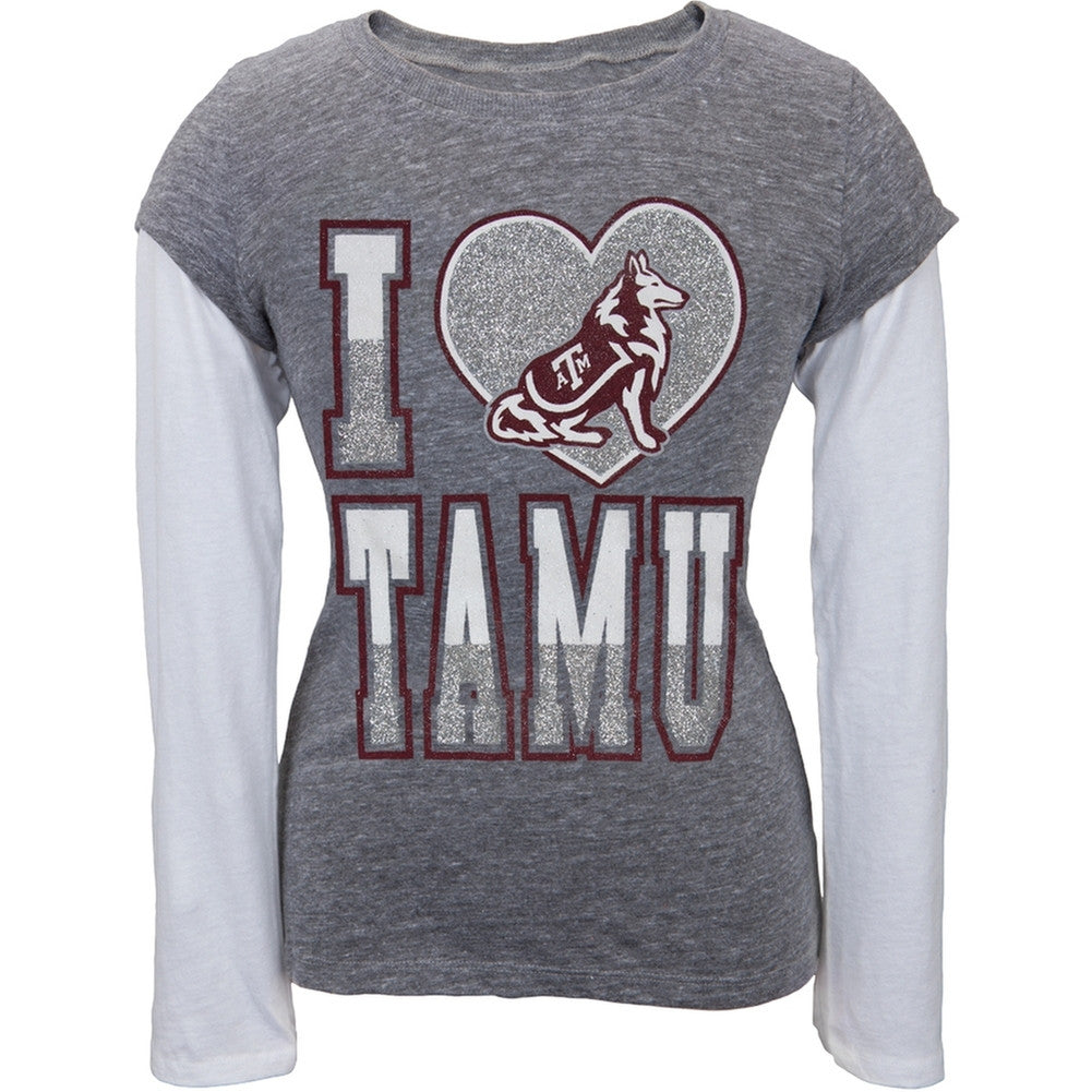 Texas A Aggies - Glitter Heart Girls Juvy 2fer Long Sleeve T-Shirt Juvenile Long Sleeves Texas A Aggies   