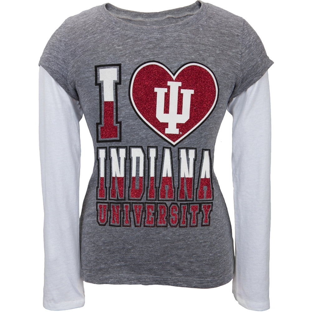 Indiana Hoosiers - Glitter I Heart Girls Juvy 2fer Long Sleeve T-Shirt Juvenile Long Sleeves Indiana Hoosiers J6 Grey 