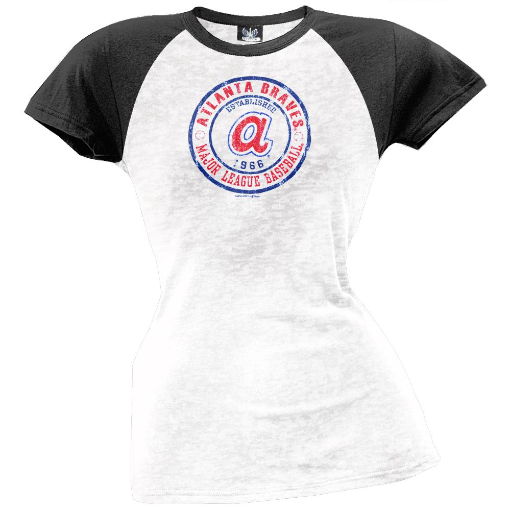 Atlanta Braves - Juniors Raglan Distressed Burnout T-Shirt Juniors T-Shirts Atlanta Braves LG White 