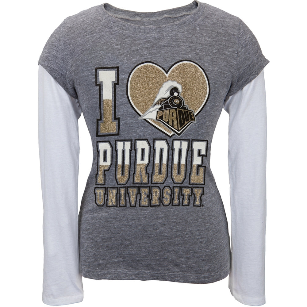 Purdue Boilermakers - Glitter I Heart Logo Girls Youth 2fer Long Sleeve T-Shirt Youth Long Sleeves Purdue Boilermakers 12 Grey 